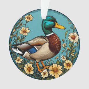 Canard colvert entouré de fleurs vibrantes dans un