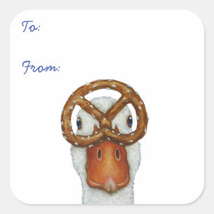 Canard drôle avec étiquette cadeau bretzel emballa