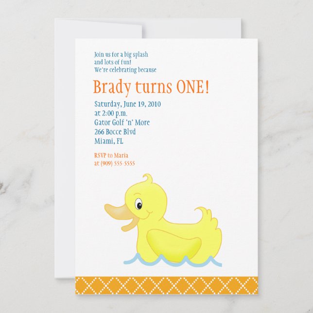 Canard jaune Invitation d'anniversaire 5x7 - Orang (Devant)