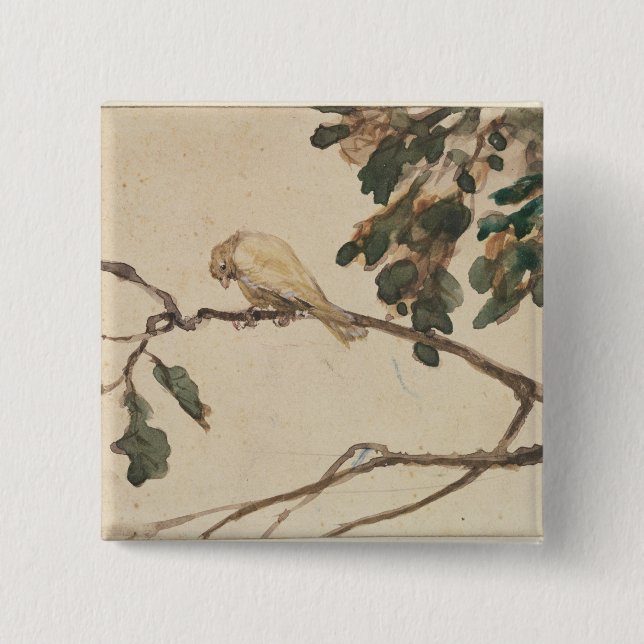Canary on an Oak Tree Branch 2 Inch Square Button (Front)