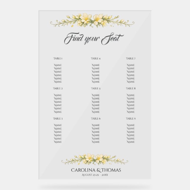 Canary Yellow Freesia Wedding  Seating Chart (Front)