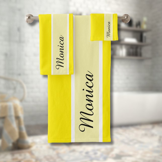 Canary Yellow Modern Elegant Monogram Signature  Bath Towel Set (Creator Uploaded)