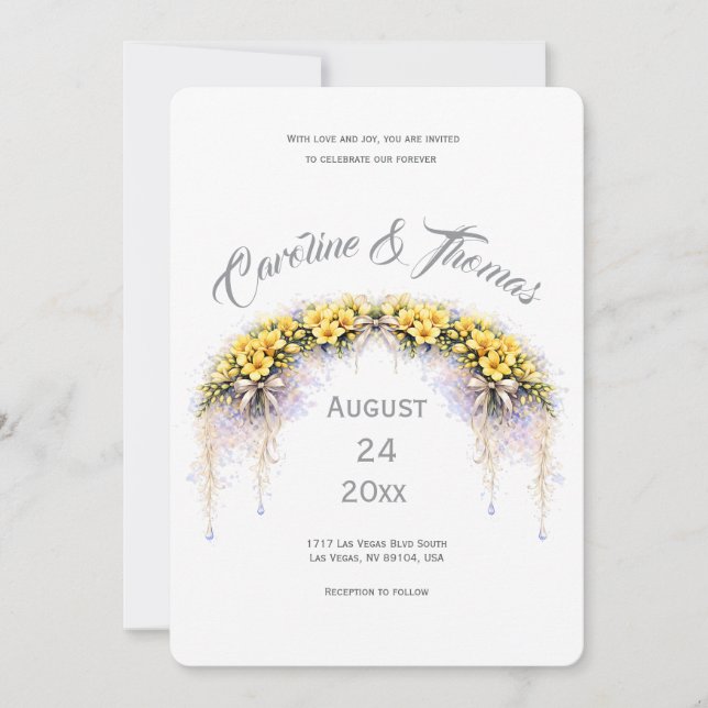 Canary Yellow Romantic Freesia  Floral Wedding Invitation (Front)