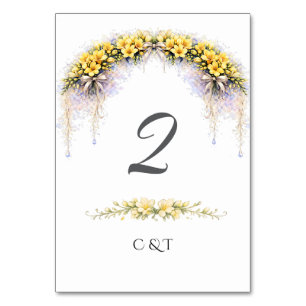 Canary Yellow Romantic Freesia  Floral Wedding Table Number