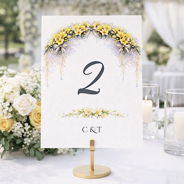 Canary Yellow Romantic Freesia  Floral Wedding Table Number (Creator Uploaded)