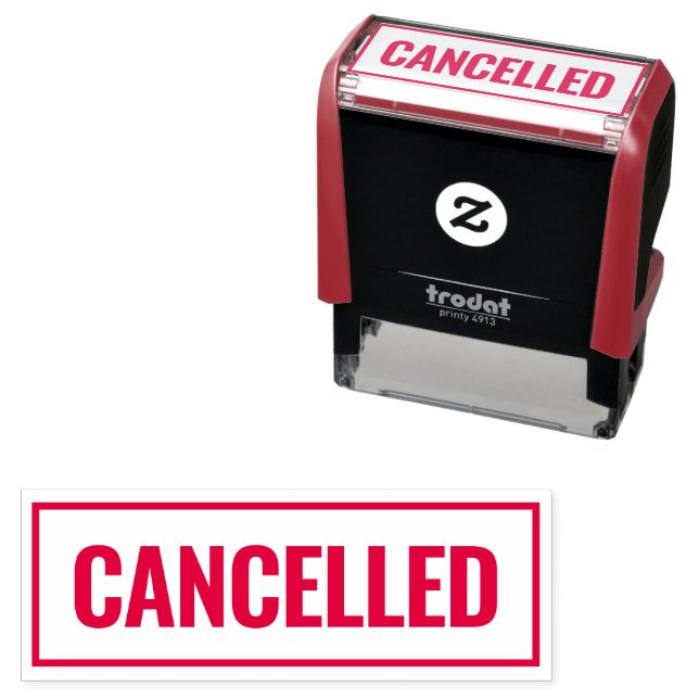Cancelled modern red border custom office self-inking stamp (In Situ)