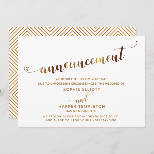 Cancelled Wedding Gold Heart Script Announcement (Front/Back)