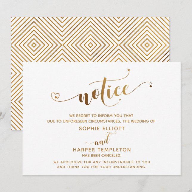 Cancelled Wedding Notice Gold Hearts Script Card (Front/Back)