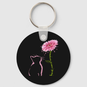 Cancer Awareness Pink Ribbon Daisy Flower Cat Love Keychain