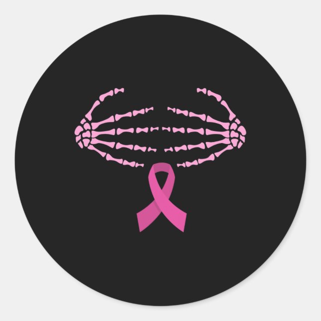Cancer Awareness Skeleton Hands Bra Ribbon Women  Classic Round Sticker (Front)