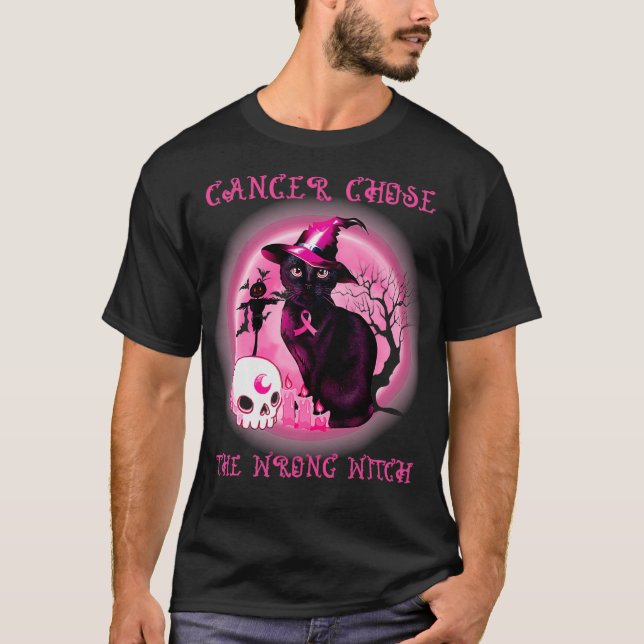 Cancer Chose Wrong Witch Black Cat Breast Cancer H T-Shirt (Front)