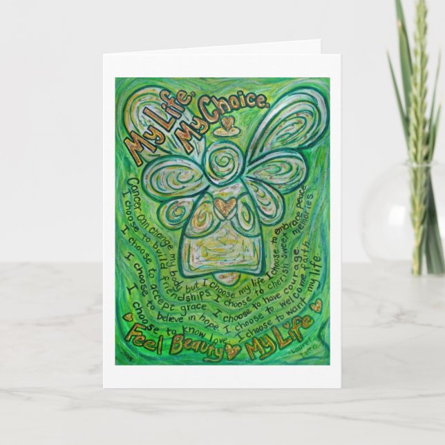 Cancer Poem Green Angel Custom Greeting Cards (Front)