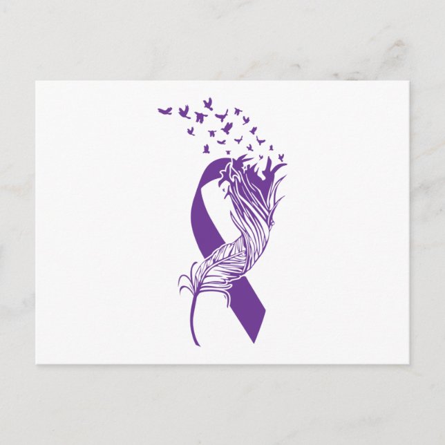 Cancer Purple Ribbon Feather Birds Announcement Postcard (Front)