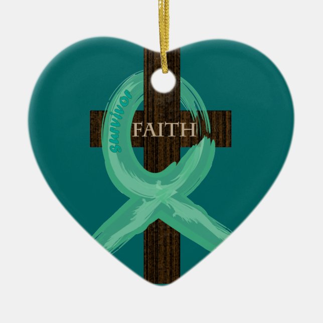 Cancer Ribbon Celebrates Faith & Remission Ceramic Ornament (Front)