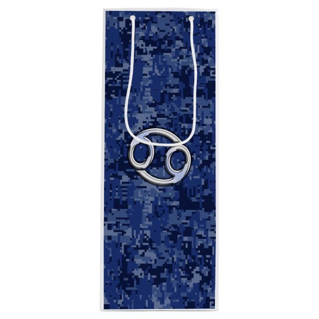 Cancer Sign on Navy Blue Digital Camouflage Wine Gift Bag (Front)