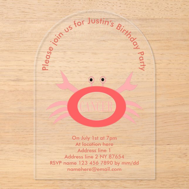 Cancer Star Sign Crab Custom Birthday Party Acrylic Invitations (Front)