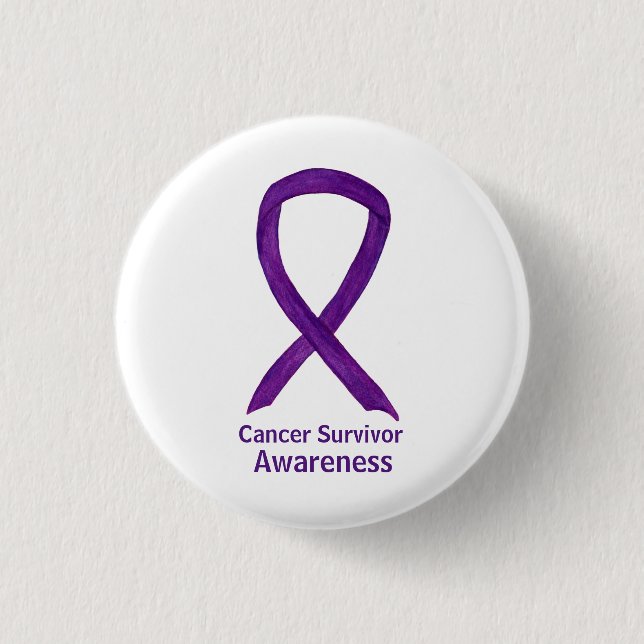 Cancer Survivor Awareness Purple Ribbon Pin Button (Front)