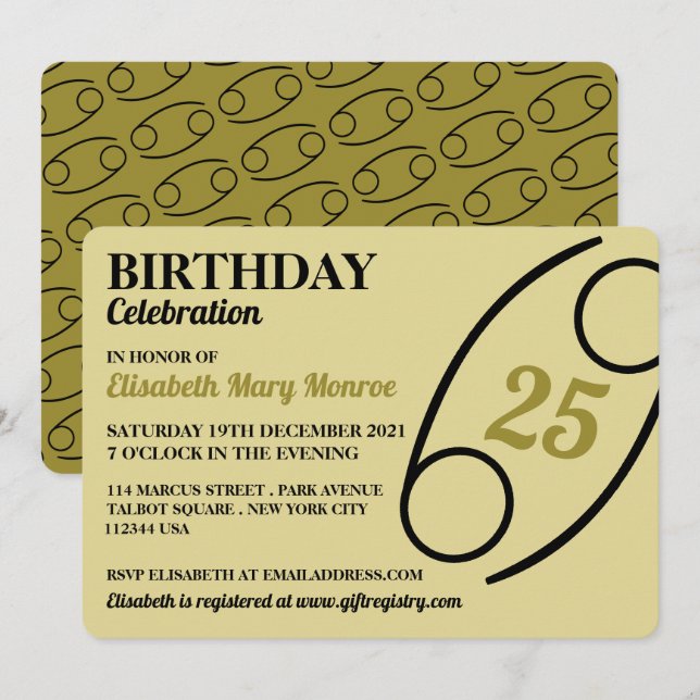 Cancer, The Crab, Zodiac Star Sign, Birthday Invitation (Front/Back)