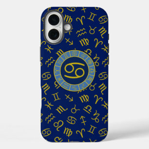 Cancer Zodiac+Astrology Symbols Pattern Gold+Blues iPhone 16 Plus Case