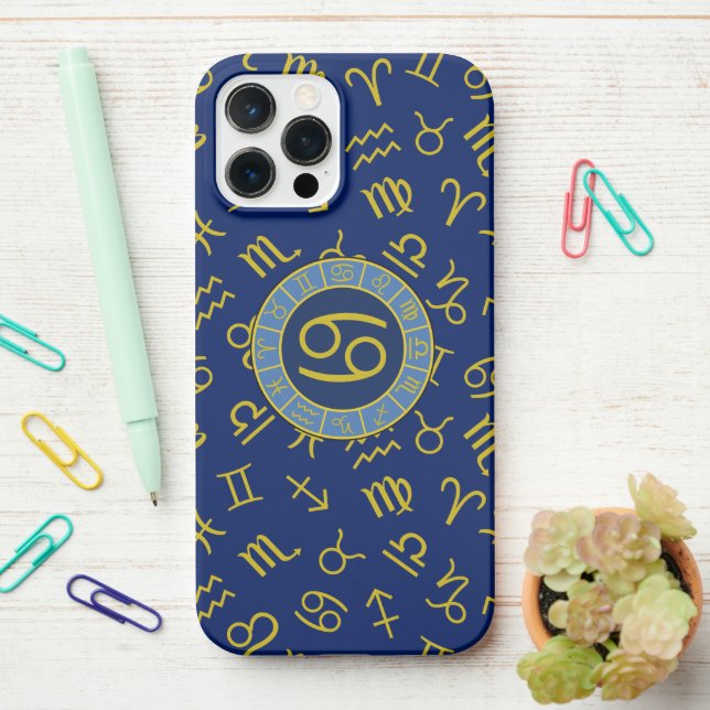 Cancer Zodiac+Astrology Symbols Pattern Gold+Blues iPhone Case (On Desk)