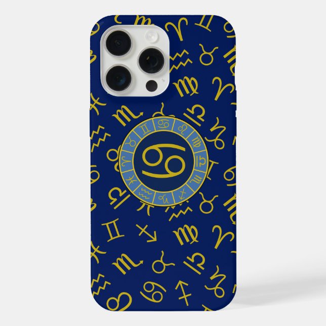 Cancer Zodiac+Astrology Symbols Pattern Gold+Blues iPhone Case (Back)