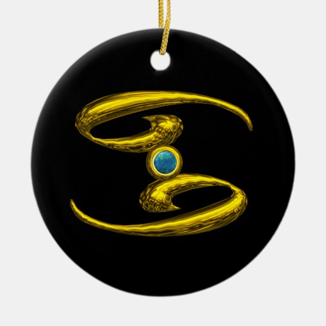 CANCER ZODIAC BIRTHDAY JEWEL Blue Opale Gold Ceramic Ornament (Front)