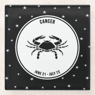Cancer Zodiac Sign, Black & White Glass Coaster