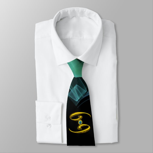 CANCER ZODIAC SIGN ,BLUE GREEN FRACTAL SWIRLS TIE (Tied)