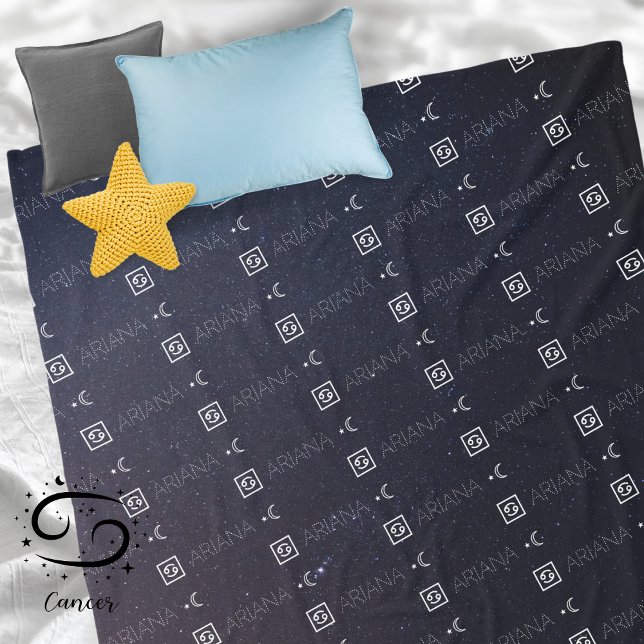 Cancer Zodiac Sign Name Constellation Astrology Fleece Blanket (Cancer Zodiac Sign Symbol Personalized Repeating Name Seamless Pattern Starry Night Sky Moon 
)