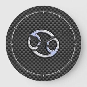 Cancer Zodiac Sign on Charcoal Carbon Fibre Print Large Clock