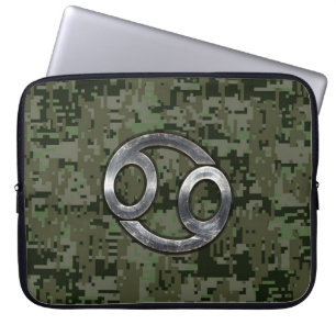 Cancer Zodiac Sign on Green Digital Camo Laptop Sleeve