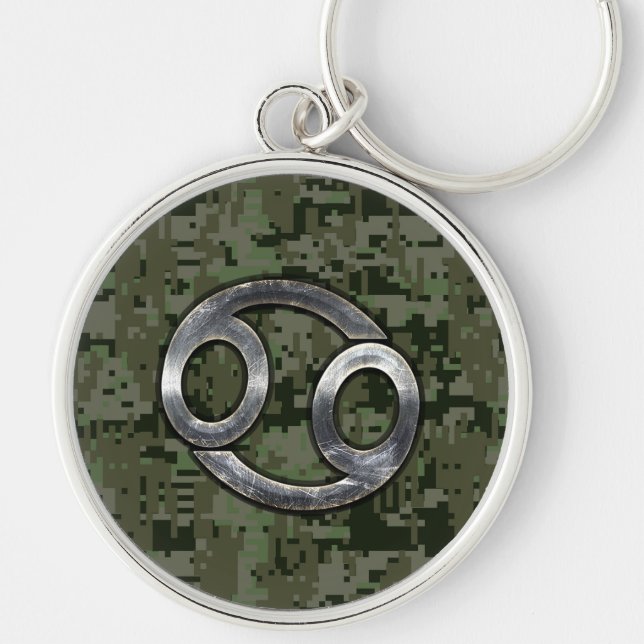 Cancer Zodiac Sign on Green Digital Camouflage Keychain (Front)