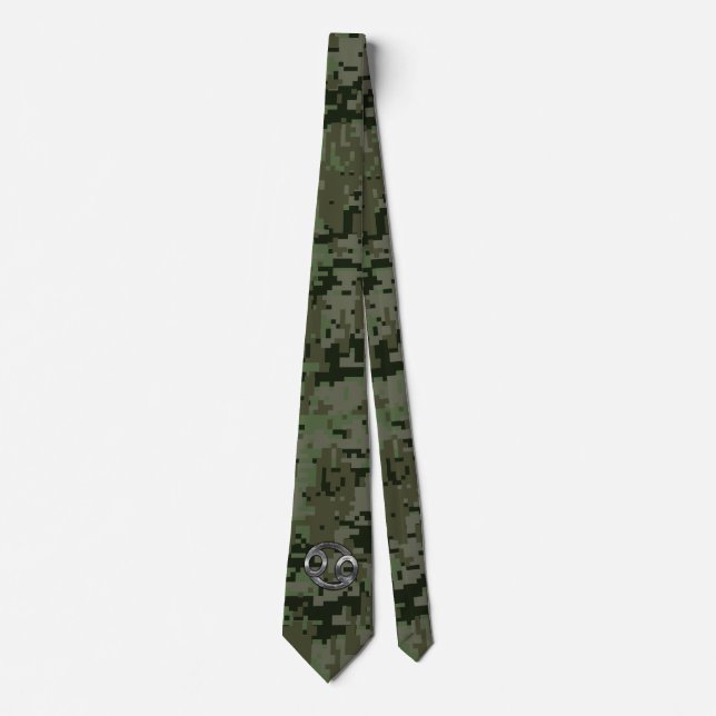 Cancer Zodiac Sign on Green Digital Camouflage Tie (Front)