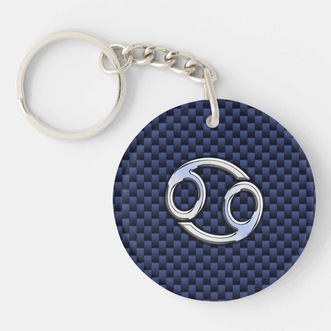 Cancer Zodiac Sign on Navy Blue Carbon Fibre Print Keychain (Front)