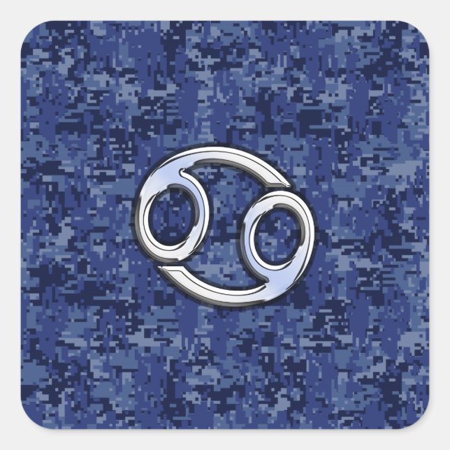 Cancer Zodiac Sign on Navy Blue Digital Camo Square Sticker (Front)