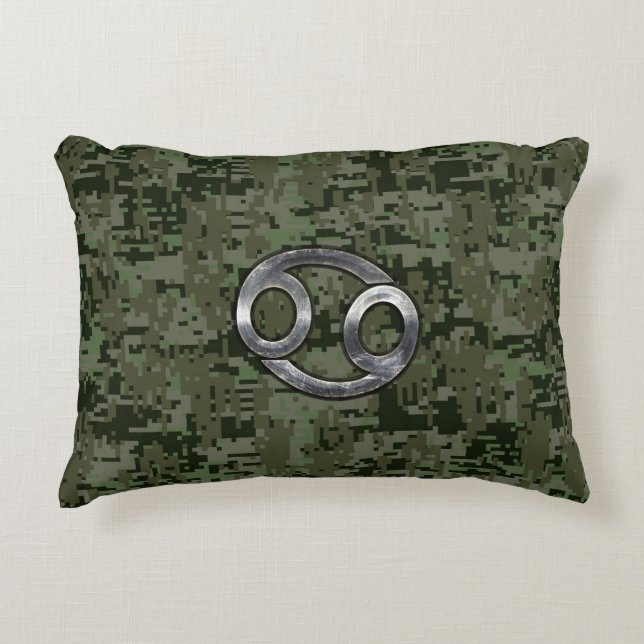 Cancer Zodiac Sign on Olive Green Digital Camo Accent Pillow (Front)