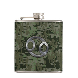 Cancer Zodiac Sign on Olive Green Digital Camo Hip Flask