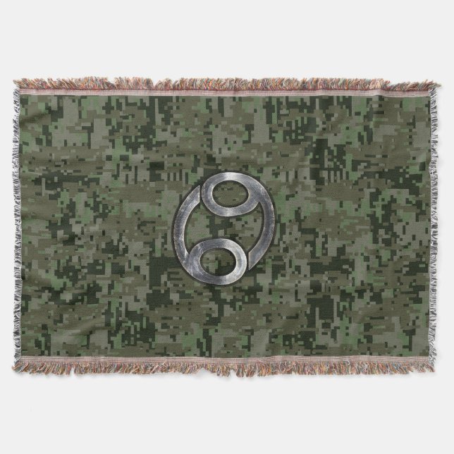 Cancer Zodiac Sign on Olive Green Digital Camo Throw Blanket (Front)
