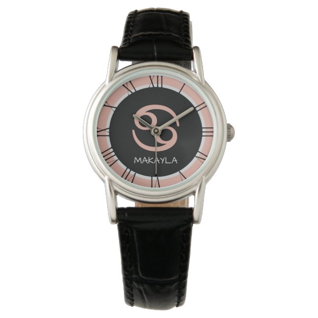 Cancer Zodiac Sign Rose Pink Black Custom Name Watch (Front)