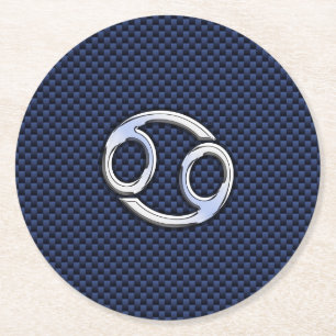 Cancer Zodiac Symbol Navy Blue Carbon Fibre Print Round Paper Coaster