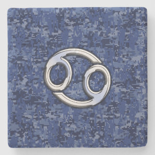 Cancer Zodiac Symbol Navy Blue Digital Camouflage Stone Coaster