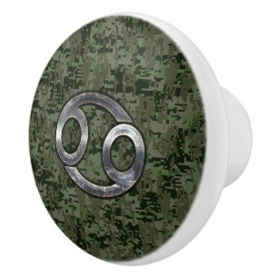 Cancer Zodiac Symbol on Green Digital Camo Ceramic Knob