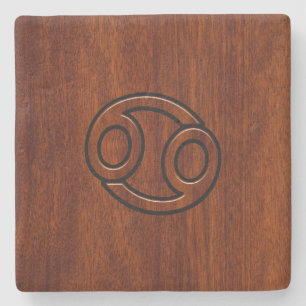 Cancer Zodiac Symbol on Mahogany Style Stone Coaster