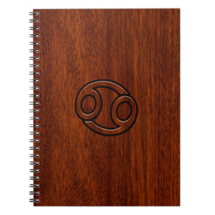 Cancer Zodiac Symbol on Mahogany Wood Style Notebook