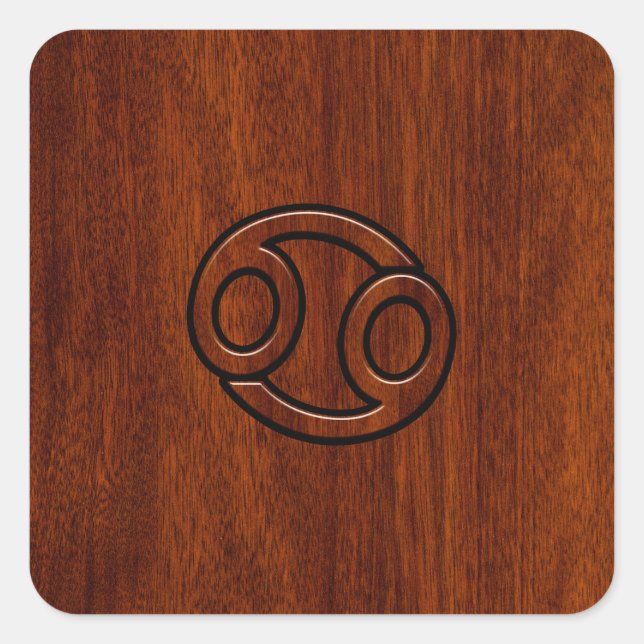 Cancer Zodiac Symbol on Mahogany Wood Style Square Sticker (Front)