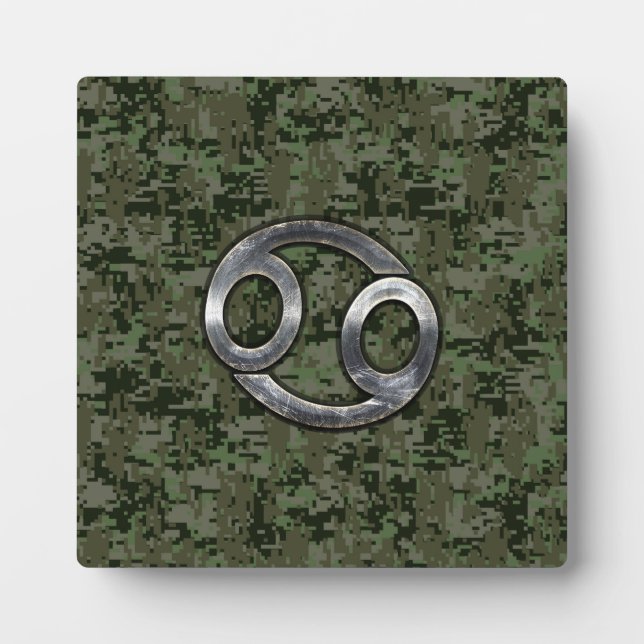 Cancer Zodiac Symbol on Woodland Digital Camo Plaque (Front)