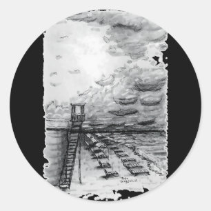 Cancun Beach cloudy black and white Classic Round Sticker