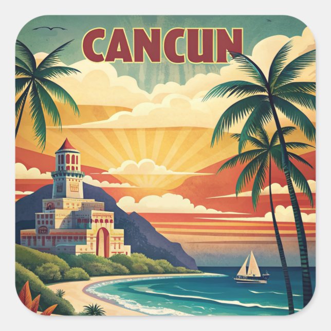 Cancun Beach Mexico Vintage Travel Square Sticker (Front)