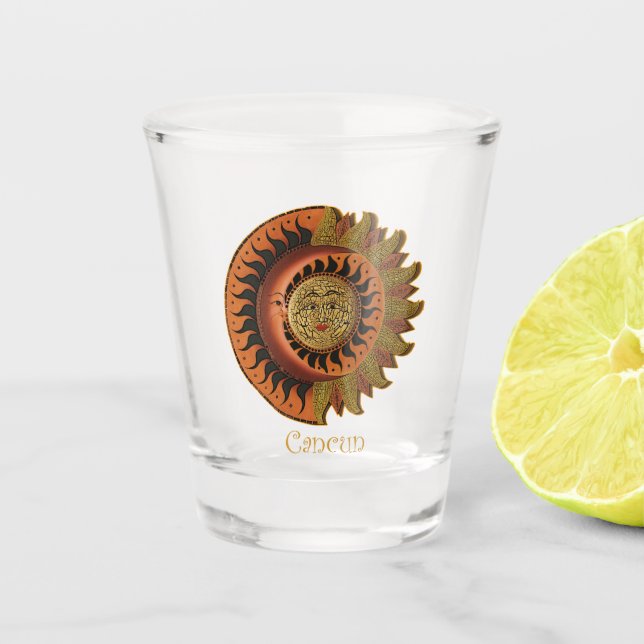 Cancun Mayan Moon and Sun Clock Shot Glass (Front)