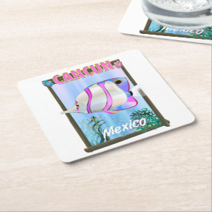 Cancun Mexican tropical travel poster Square Paper Coaster
